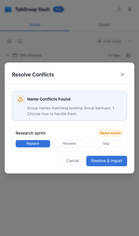Import review shows a Research sprint Group and duplicate-handling choices